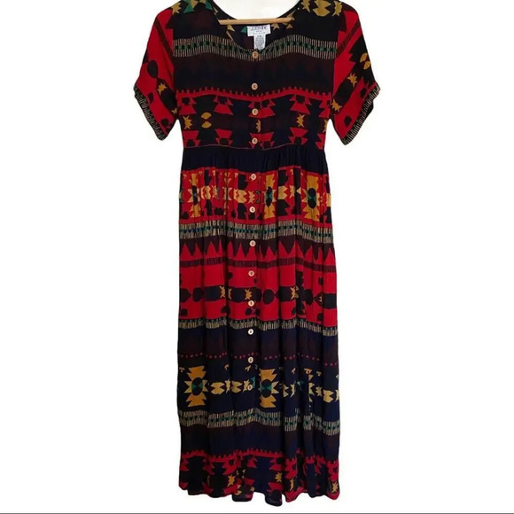 Vintage 90's Southwest Midi Casual Dress Medium Petite - Picture 2 of 6